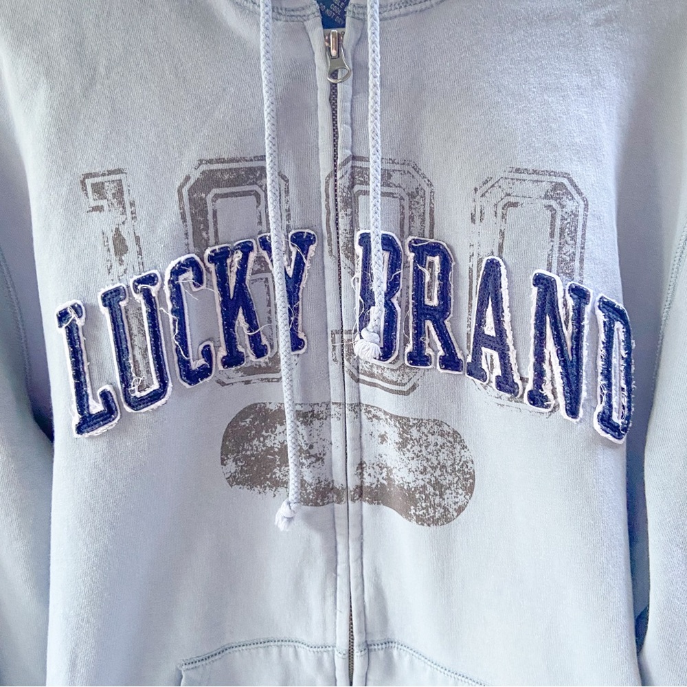 Lucky Brand Zip Up Hoodie Sweatshirt Style Jacket Distressed Logo Lettering Blue - Picture 3 of 13